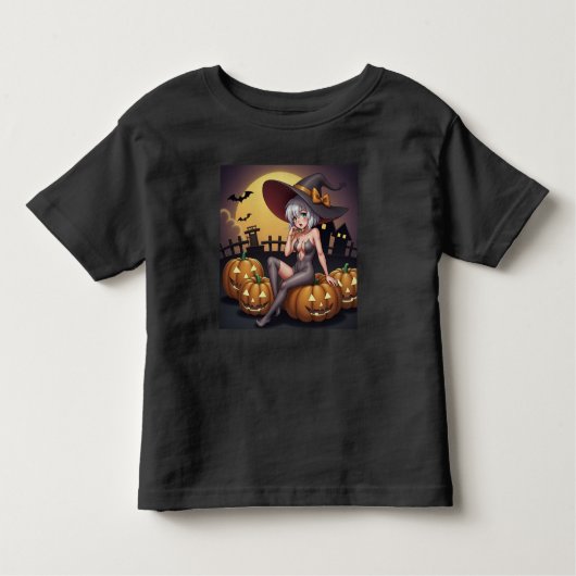 緑の目をしたハロウィンの魔女が、ジャック・オ・ランタンの上に トドラーTシャツ (正面)