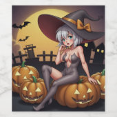 緑の目をしたハロウィンの魔女が、ジャック・オ・ランタンの上に ワインラベル (シングルラベル)