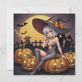 緑の目をしたハロウィンの魔女が、ジャック・オ・ランタンの上に 招待状 (正面)