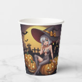 緑の目をしたハロウィンの魔女が、ジャック・オ・ランタンの上に 紙コップ (裏面)
