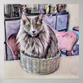緑の目をした灰色の猫のバスケット ポスター (正面)