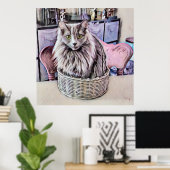 緑の目をした灰色の猫のバスケット ポスター (ホームオフィス)