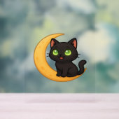 緑の目を浮かべて白熱［赤熱］光を放つ微笑む黒猫 アクリルサイン (ニュートラル)