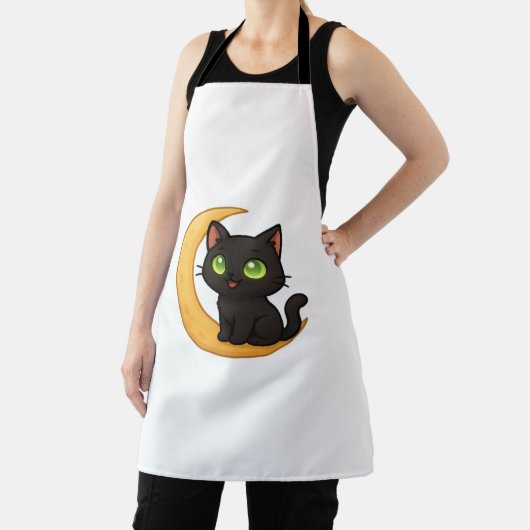 緑の目を浮かべて白熱［赤熱］光を放つ微笑む黒猫 エプロン (インサイチュ)