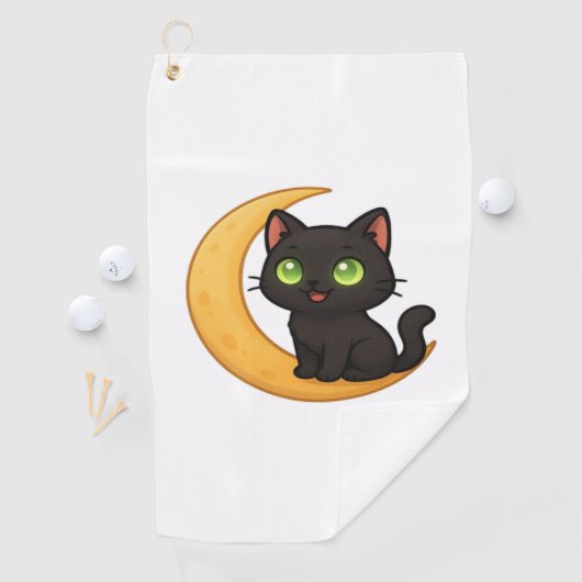 緑の目を浮かべて白熱［赤熱］光を放つ微笑む黒猫 ゴルフタオル (インサイチュ)