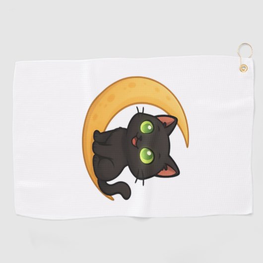 緑の目を浮かべて白熱［赤熱］光を放つ微笑む黒猫 ゴルフタオル (横)