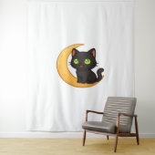 緑の目を浮かべて白熱［赤熱］光を放つ微笑む黒猫 タペストリー (インサイチュ)