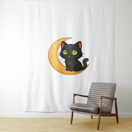 緑の目を浮かべて白熱［赤熱］光を放つ微笑む黒猫 タペストリー (インサイチュ)