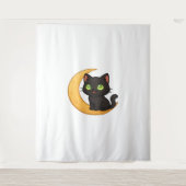 緑の目を浮かべて白熱［赤熱］光を放つ微笑む黒猫 タペストリー (正面)