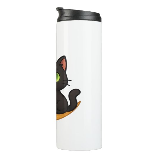 緑の目を浮かべて白熱［赤熱］光を放つ微笑む黒猫 タンブラー (回転右)