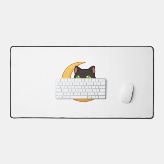 緑の目を浮かべて白熱［赤熱］光を放つ微笑む黒猫 デスクマット (キーボード&マウス)