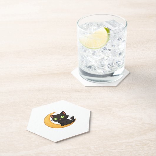 緑の目を浮かべて白熱［赤熱］光を放つ微笑む黒猫 ペーパーコースター (インサイチュ)