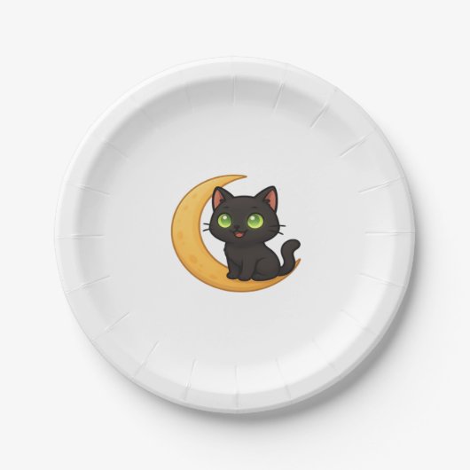 緑の目を浮かべて白熱［赤熱］光を放つ微笑む黒猫 ペーパープレート (正面)