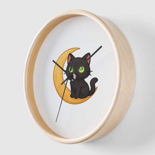 緑の目を浮かべて白熱［赤熱］光を放つ微笑む黒猫 壁時計 (傾斜)