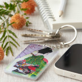 緑の着物と紫の傘を着た芸者 キーホルダー (正面右)