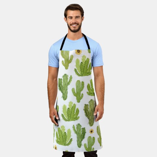 緑の砂漠サボテン:水の色シームレス エプロン (着用した状態)