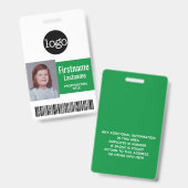 緑の社員 - 写真、バーコード、ロゴ、名前ID バッジ (正面&裏面)