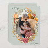 緑の秋の花模様感謝祭フォトカード シーズンカード (正面/裏面)