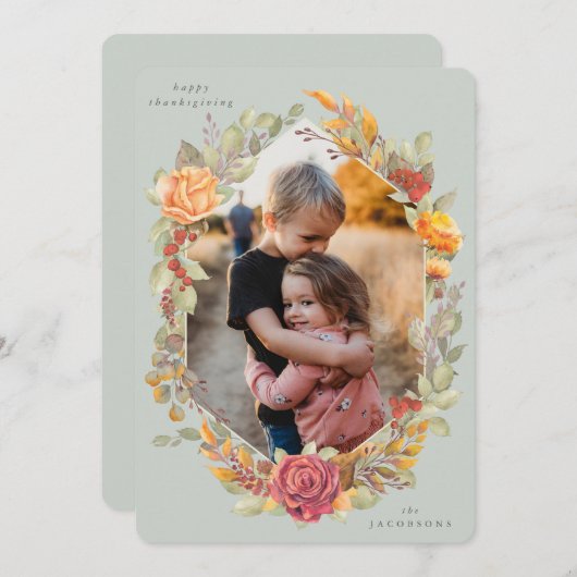 緑の秋の花模様感謝祭フォトカード シーズンカード (正面/裏面)
