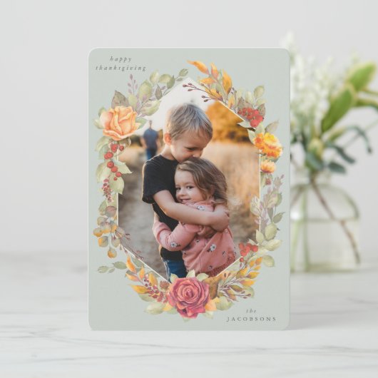 緑の秋の花模様感謝祭フォトカード シーズンカード (スタンド正面)