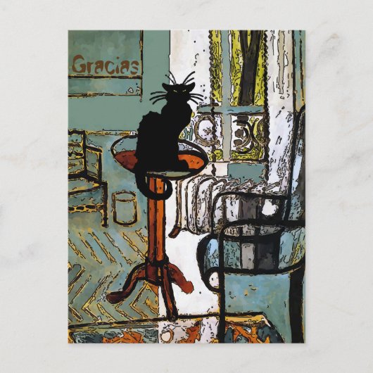 緑の窓に黒猫、グラシアス、テキストを変更する ポストカード (正面)