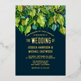 緑の紅葉の葉の緑の金ゴールド 箔招待状