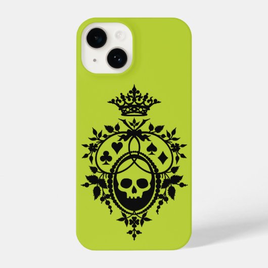 緑の紋章とスカルとカードスーツiPhone 14 Cas iPhoneケース (裏面)