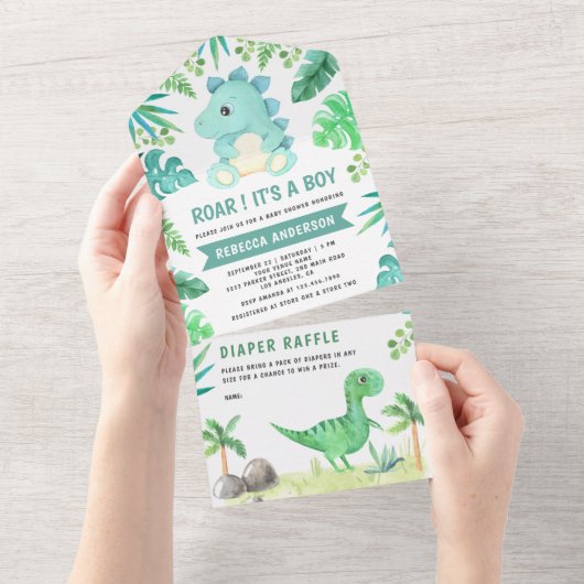 緑の素朴かわいいティール（緑がかった色）恐竜の赤ちゃんシャワー オールインワン招待状 (貼ってはがせる)