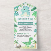 緑の素朴かわいいティール(緑がかった色)恐竜の赤ちゃんシャワー オールインワン招待状 (内側)