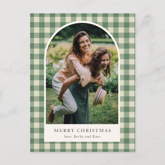 緑の素朴ギンガムアーチ写真クリスマモダンス シーズンポストカード (正面)