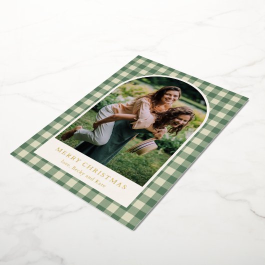 緑の素朴ギンガムアーチ写真クリスマモダンス 箔シーズンカード (回転した状態)