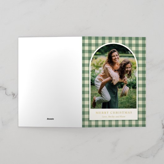 緑の素朴ギンガムアーチ写真クリスマモダンス 箔シーズンカード (外側レイダウン)
