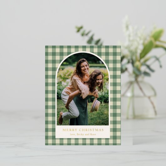 緑の素朴ギンガムアーチ写真クリスマモダンス 箔シーズンポストカード (立ち正面)