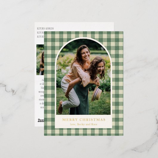 緑の素朴ギンガムアーチ写真クリスマモダンス 箔シーズンポストカード (正面/裏面)