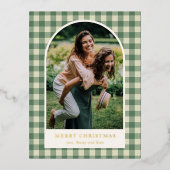 緑の素朴ギンガムアーチ写真クリスマモダンス 箔シーズンポストカード (正面)