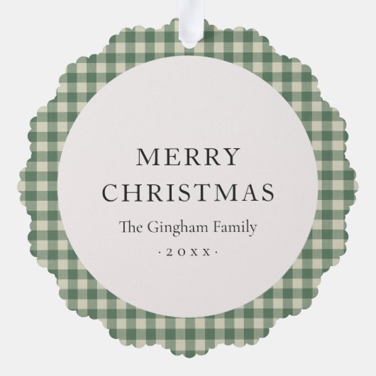 緑の素朴ギンガム写真のクリモダンスマス オーナメントカード (裏面)