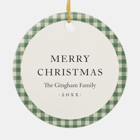 緑の素朴ギンガム写真のクリモダンスマス セラミックオーナメント (裏面)