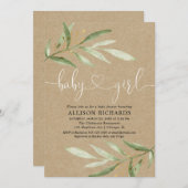 緑の素朴クラフト緑葉少女の赤ちゃんシャワー 招待状 (正面/裏面)
