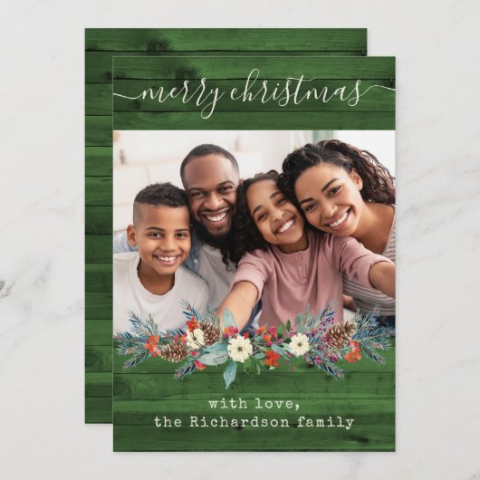 緑の素朴クリスマスグリーン |写真とスクリプト シーズンカード (正面/裏面)