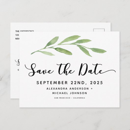 緑の素朴シンプルエレガント水の色結婚の 案内ポストカード (正面/裏面)