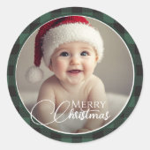 緑の素朴バッファローのプレイドメリークリスマスフォト ラウンドシール (正面)