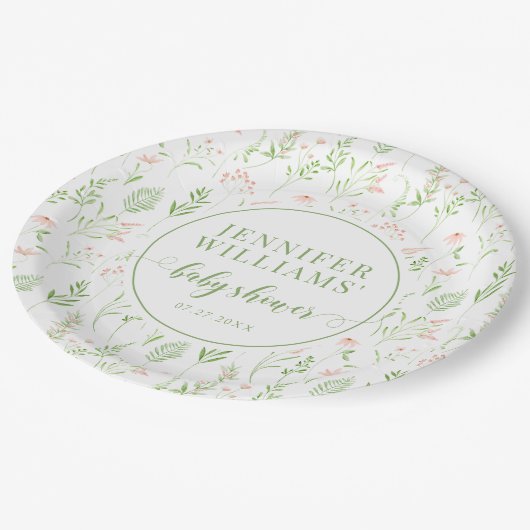 緑の素朴ピンクの小さな野花の赤ちゃんシャワー ペーパープレート (アングル)