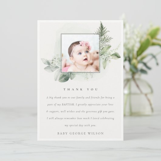 緑の素朴ユーカリのシダの葉の写真バプテスマ サンキューカード (スタンド正面)