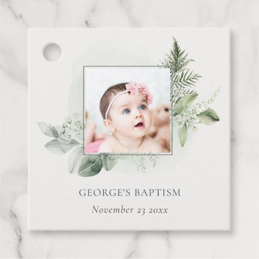 緑の素朴ユーカリのシダの葉の写真バプテスマ フェイバータグ (正面)