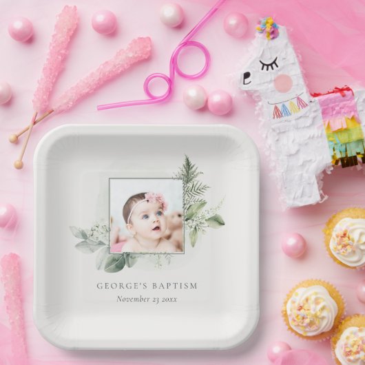 緑の素朴ユーカリのシダの葉の写真バプテスマ ペーパープレート (パーティー)