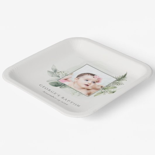 緑の素朴ユーカリのシダの葉の写真バプテスマ ペーパープレート (傾斜あり)