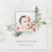 緑の素朴ユーカリのシダの葉の写真バプテスマ ワインラベル (シングルラベル)