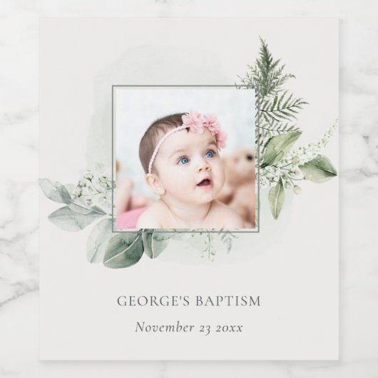 緑の素朴ユーカリのシダの葉の写真バプテスマ ワインラベル (シングルラベル)