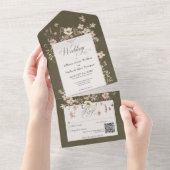 緑の素朴ワイルドフラワーフレームQRコード オールインワン招待状 (貼ってはがせる)