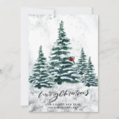 緑の素朴冬の松の木赤い（鳥）ショウジョウコウカンチョウ鳥 シーズンカード (正面)